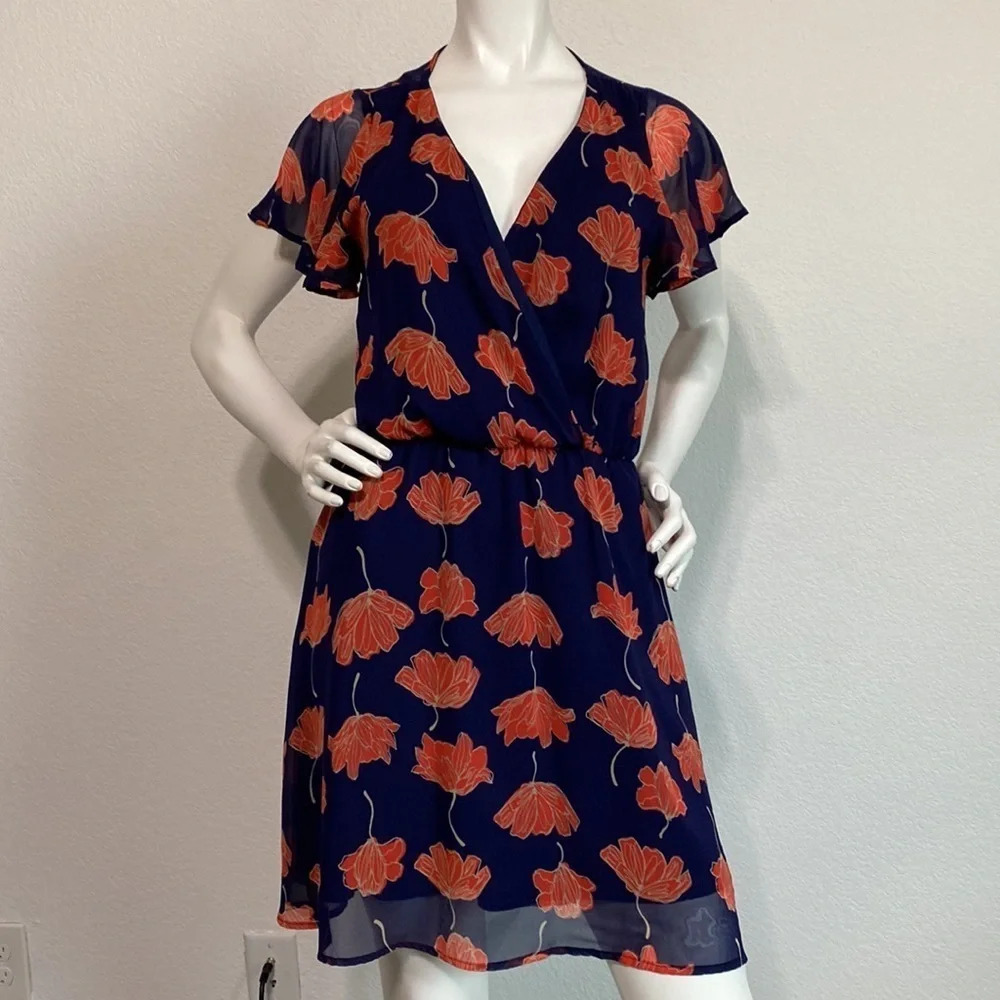 Black Bead Navy Red Floral Print Chiffon Fit & Flare Dress Size L